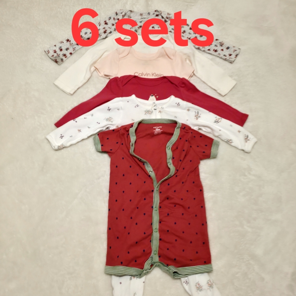 6 Baby Outfit Sets Mixed Brands Bodysuits & Sleepers Sizes 8-24M Pre-Owned